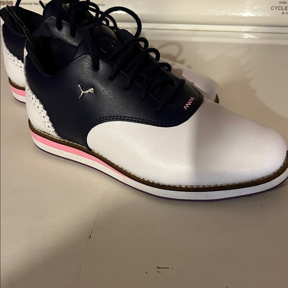 Puma Navy and White Golf Shoes with Pink Detail